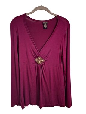 Canyon River Blues Plum Long-Sleeve V-Neck Top with Center Embellishment
